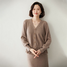 时尚流苏开衫女士35%羊绒衫显瘦百搭V领宽松毛衣外套，女装羊绒衫，迎冬羊绒