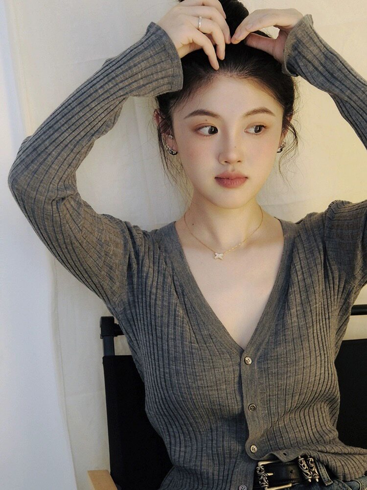 优雅气质V领仿羊毛开衫显瘦修身百搭时尚单品,女装羊毛衫,圣旺供货