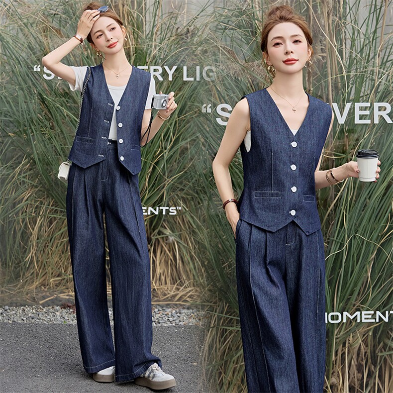 欧货时尚牛仔套装女高级感2025春夏新款气质显瘦马甲阔腿长两件套,女装套装/套裙,衣之秀