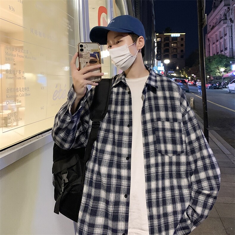 秋装港风日系复古工装格子衬衫长袖潮宽松百搭休闲中性H216/P45,男装衬衫,钱塘713