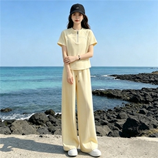 潮流时尚休闲运动套装女夏季新款显瘦气质立领短袖上衣长裤两件套，女装套装/套裙，江南