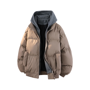 特批85 厚款假两件冬季连帽PU皮加厚棉服宽松保暖百搭MY3560图片