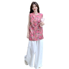 新中式国风盘扣立领衬衫女2025夏季新款时尚洋气印花老钱风上衣潮，女装蕾丝衫/雪纺衫，秋水欣儿