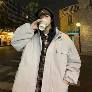 EQ158 纯色拼接连帽呢料大衣外套男2024新款韩版纯色冬季加厚棉衣图片