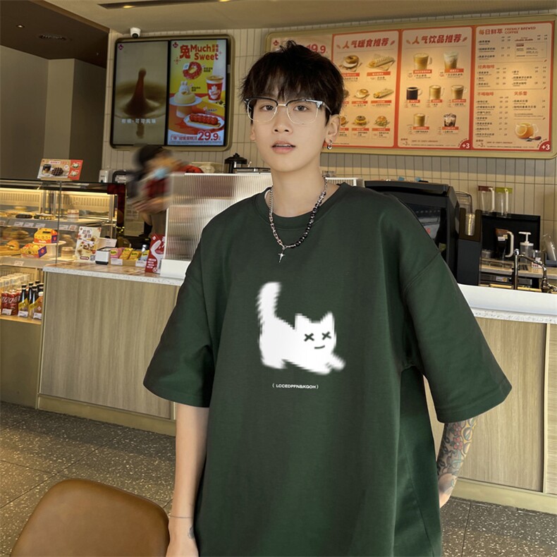 小猫印花圆领卫衣男款春秋季美式潮牌大码休闲上衣青少年重磅外套图片