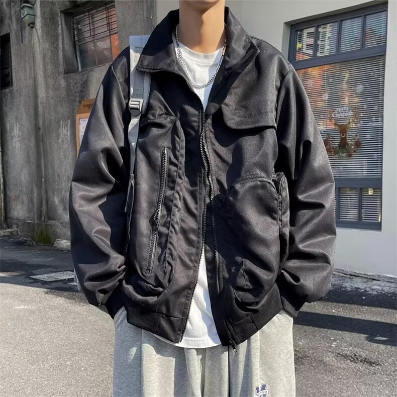 囯潮2023春新款工装外套男黑色炸街痞帅潮冲锋衣立领夹克ZW17P75图片