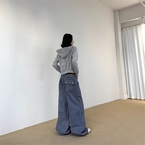 刺绣复古休闲竖条纹牛仔裤男女直筒百搭宽松慵懒长裤MKT183 P59图片