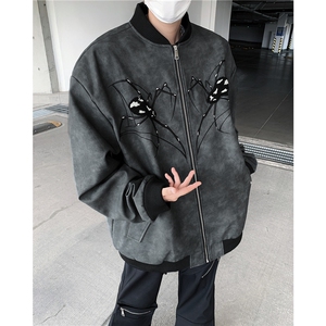 春秋美式蜘蛛刺绣pu皮夹克男女款拉链休闲宽松棒球服外套 JK8555图片