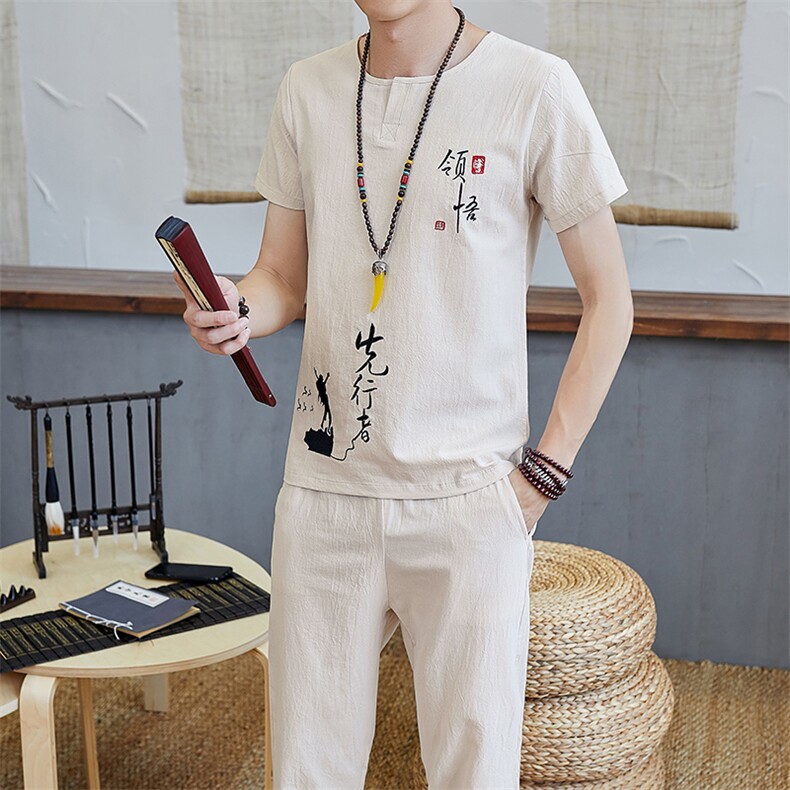 夏季短袖t恤套装男装一套潮男休闲运动宽松棉麻潮流夏装TZ023,男装T恤,星座509