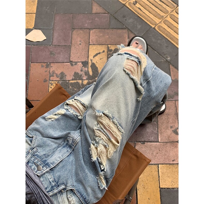 做旧破洞牛仔裤大码女夏季2025新款宽松显瘦直筒阔腿长裤NZT804,男装牛仔裤,星座516A