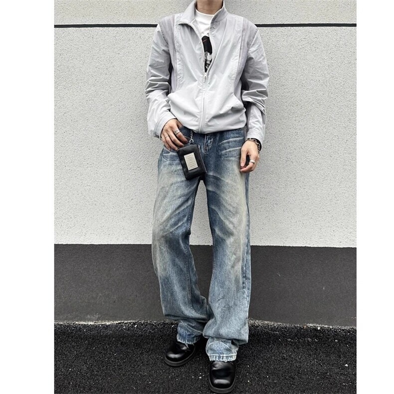做旧猫须纹垂感牛仔裤秋季宽松cleanfit长裤男女NZA963,男装牛仔裤,星座516A
