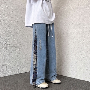 潮小熊拼接刺绣牛仔裤男嘻哈痞帅宽松直筒大码裤子XK66133特p35图片