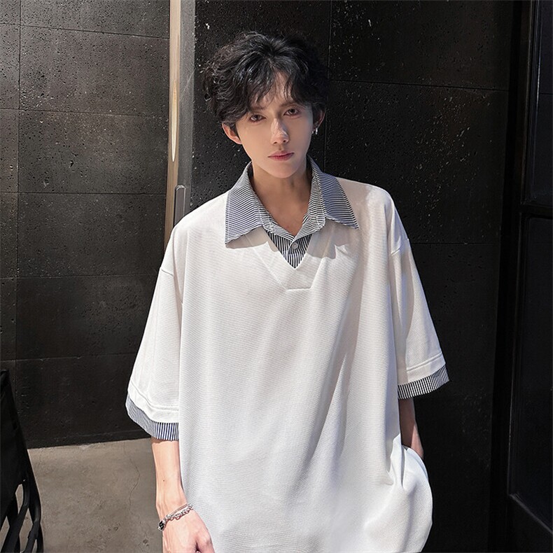 夏季宽松休闲假两件衬衫领短袖T恤潮半袖XZ808B-WH025-P40,男装T恤,星座808B