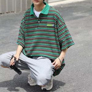 DT86-P22新款夏季男潮流宽松百搭学生短袖T恤上衣P0L0条纹五分袖图片