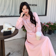 粉色马甲拼接假两件连衣裙女2025春季新款法式温柔风小个子衬衫裙，女装套装/套裙，浙宝305