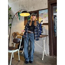 美式复古连帽蓝色格子衬衫男春夏长袖设计感痞帅衬衣外套CC83，男装衬衫，星座208-5