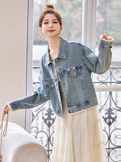 蕾丝拼接牛仔外套女短款2025春季新款时尚气质翻上衣，女装牛仔外套，2B115