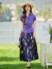 紫色印花套装女夏新款短袖衬衫半身裙高级感洋气穿搭两件套，女装套装/套裙，水衣源