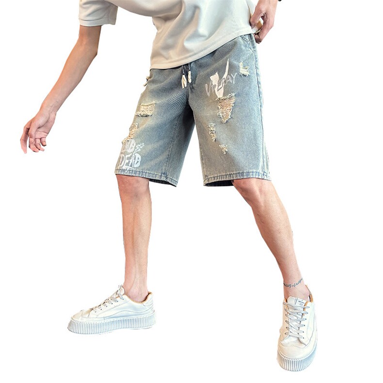 2025新款水洗牛仔短裤男士破洞印花休闲夏季五分裤男901N02P38,男装牛仔裤,星座901