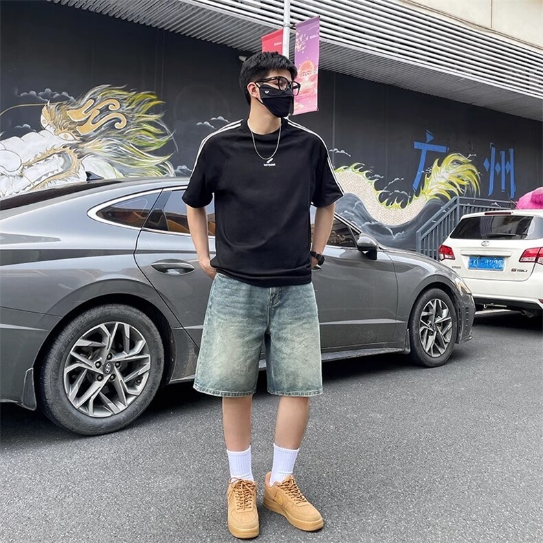美式复古牛仔短裤男夏季新款水洗做旧宽松直筒五分裤A6106-P45图片