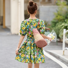 国风印花泡泡袖连衣裙女2025夏季纯棉小个子气质收腰显瘦A字短裙，女装连衣裙，沁沁公主