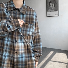 衬衫男秋季新款港风宽松磨毛格长袖衬衣CS618-P38(现货），男装衬衫，星座214-3