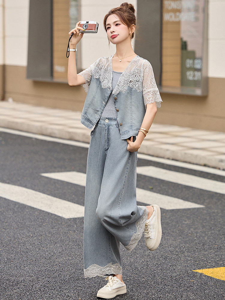 牛仔套装女薄款2025夏季新款气质蕾丝拼接高级感阔腿裤三件套装,女装套装/套裙,仟媚宠