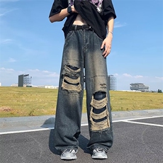 美式复古破洞牛仔裤男女水洗做旧宽松阔腿直筒拖地潮牌高街裤子，男装牛仔裤，星座601-2