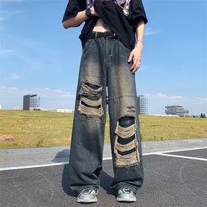 美式复古破洞牛仔裤男女水洗做旧宽松阔腿直筒拖地潮牌高街裤子图片