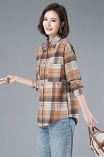 2021年春季格子衬衫排多扣POLO领长袖韩版宽松衬衣外套，女装衬衫，伊满意