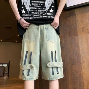 美式复古黄泥染牛仔短裤男夏季薄款潮牌工装裤子设计感时尚五分裤图片