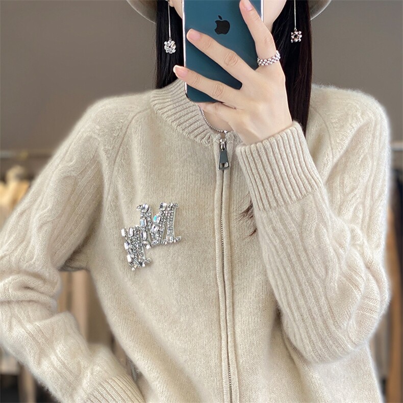拉链开衫女圆领扭花镶钻棒球服针织外套宽松羊绒衫外搭,女装羊毛衫,暖烁羊绒