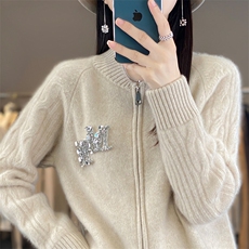 拉链开衫女圆领扭花镶钻棒球服针织外套宽松羊绒衫外搭，女装羊毛衫，暖烁羊绒
