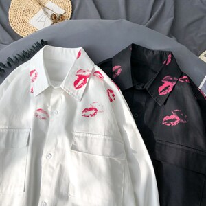 21秋装口红印花长袖衬衫男情侣潮流休闲衬衣 CS20P45图片