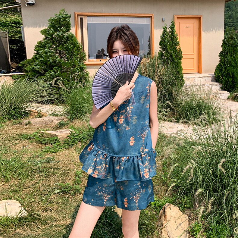 新中式国风2025夏季新款高级感气质荷叶边印花短袖上衣短裤两件套,女装套装/套裙,浙宝301
