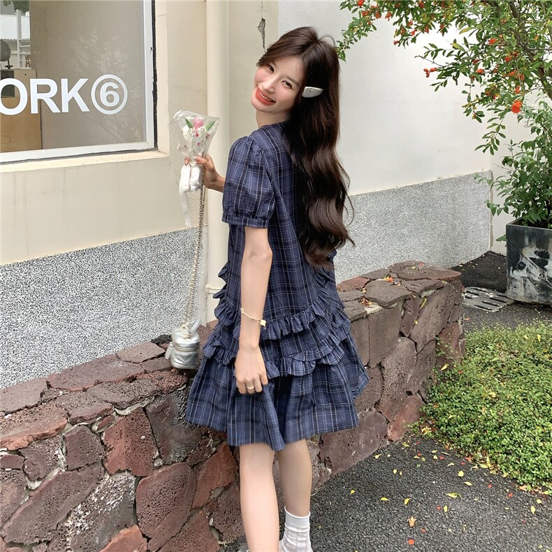 韩系复古蓝色格纹泡泡袖连衣裙女夏季2025新款甜美减龄显瘦蛋糕裙,女装连衣裙,1C130