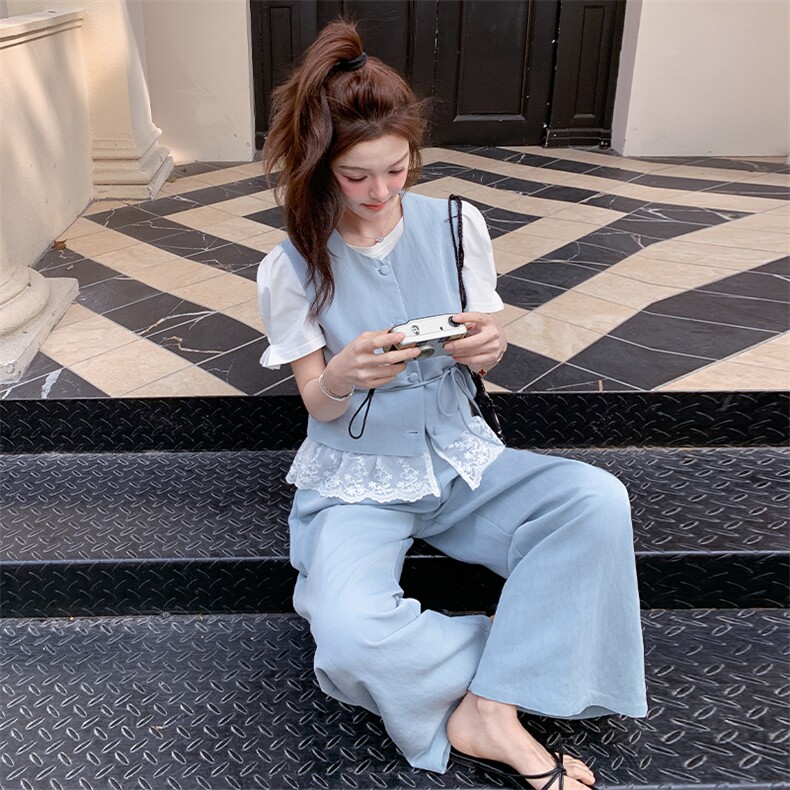 小香风蕾丝拼接马甲休闲裤套装女夏2025新款减龄韩系巨好看两件套,女装套装/套裙,2C260