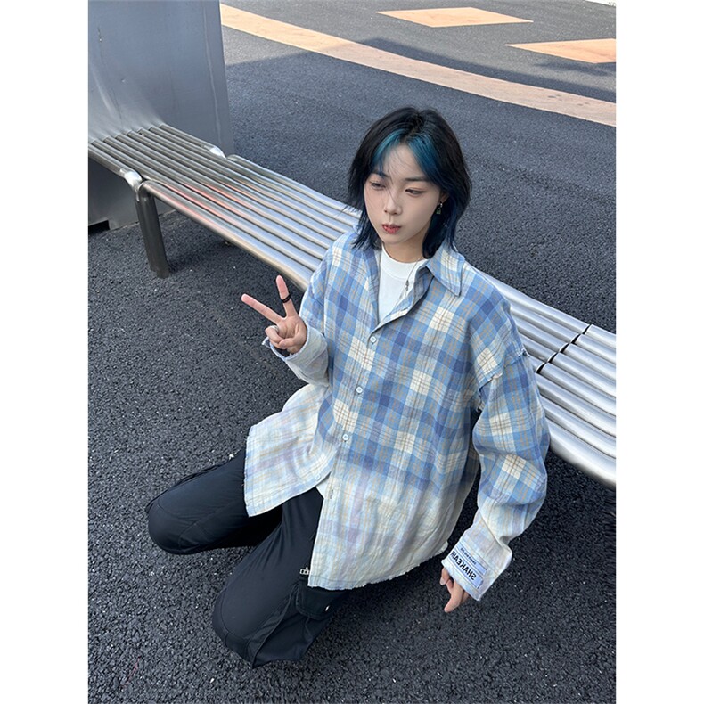 港风大码日系复古渐变刺绣翻领格子长袖衬衫XZ213-CS8811-P60控78,男装衬衫,星座213