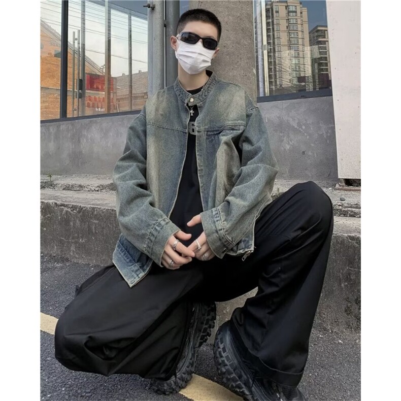 美式复古水洗做旧牛仔外套男女春秋季新款高级感宽松拉链夹克上衣,男装夹克,星座601-2