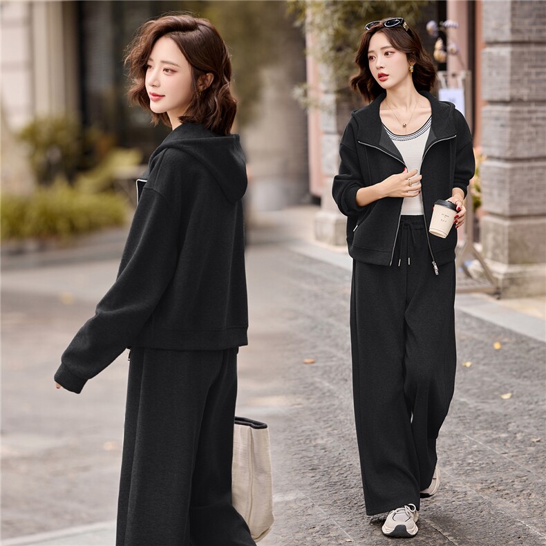 时尚休闲运动套装女2025秋季新款小个子显瘦连帽减龄阔腿裤两件套,女装套装/套裙,关键词