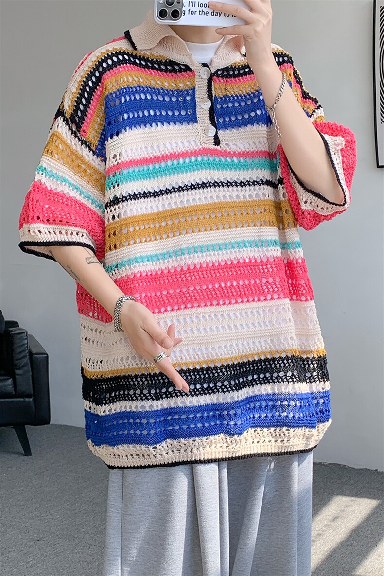 8XL-M特大码美式复古条纹撞色针织POLO衫翻领休闲短袖TDX311P35,男装Polo衫,电商D206-1