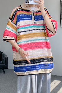 8XL-M 特大码美式复古条纹撞色针织POLO衫翻领休闲短袖TDX311P35图片