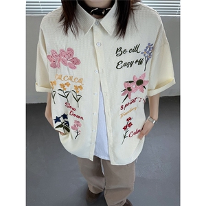 主推 美式复古华夫格彩色花卉刺绣短袖衬衫情侣上衣男女H939 P68图片