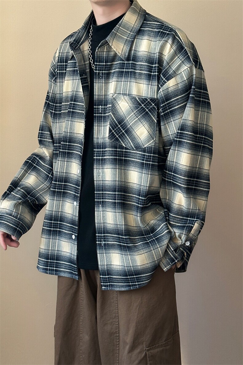 现货春秋长袖格子衬衫外套宽松潮牌休闲内搭衬衣-AC23086-特批P58,男装衬衫,电商A351