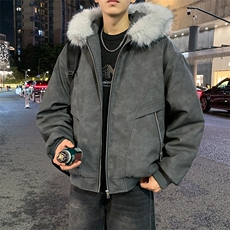 现货扎染PU皮棉服男冬季加厚连帽棉衣座山雕大毛领外套M090-P120，男装棉衣，星座308B-2