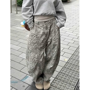 WE1640-P55 复古豹纹弯刀牛仔裤女夏季新款街头辣妹廓形宽松拖地图片