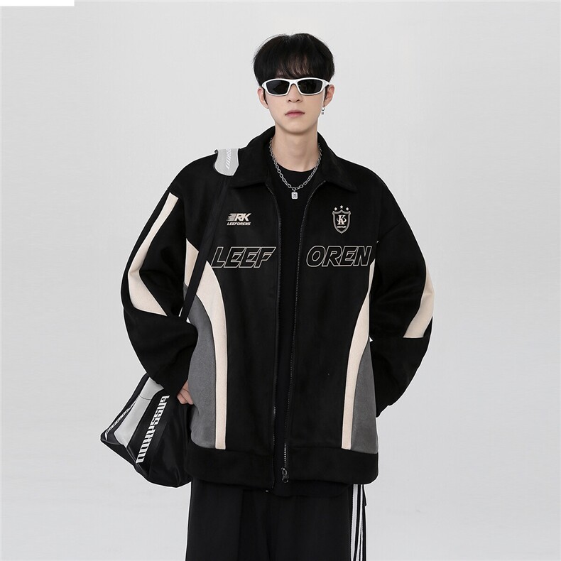 春季美式麂皮绒运动夹克男撞色拼接棒球服高街痞帅外套特p68,男装夹克,电商C307