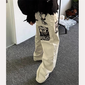 美式高街风裤子男欧美痞帅涂鸦印花直筒休闲裤高级感阔腿长裤图片