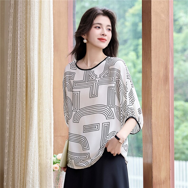 印花缎面真丝衬衫女中袖小衫2025年夏季新款宽松杭州真丝上衣,女装衬衫,阿舍尔精品