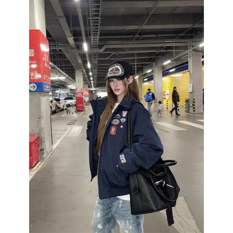 美式复古刺绣徽章飞行夹克棒球服男女嘻哈休闲冬季棉衣外套潮图片